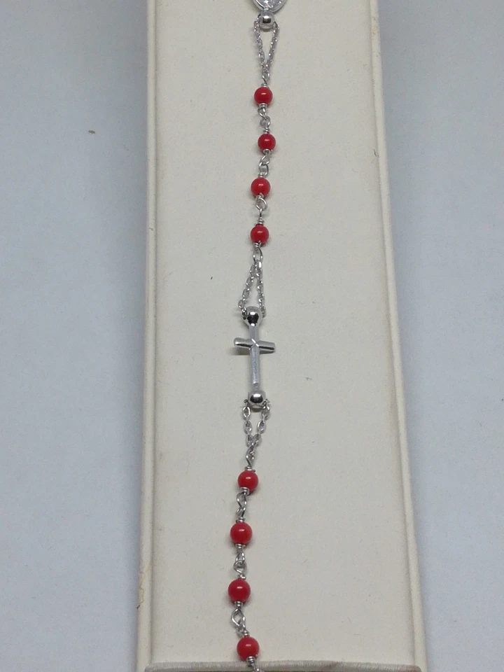 BRACCIALE DONNA ARGENTO ROSARIO GRANI CORALLO MADONNA MIRACOLOSA CROCE CM 21 - Immagine 4 di 4