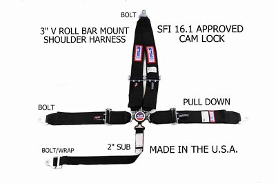 RJS SFI 16.1 CAM LOCK 5PT RACING HARNESS BELT V MOUNT BOLT IN BLACK 30298-16-06