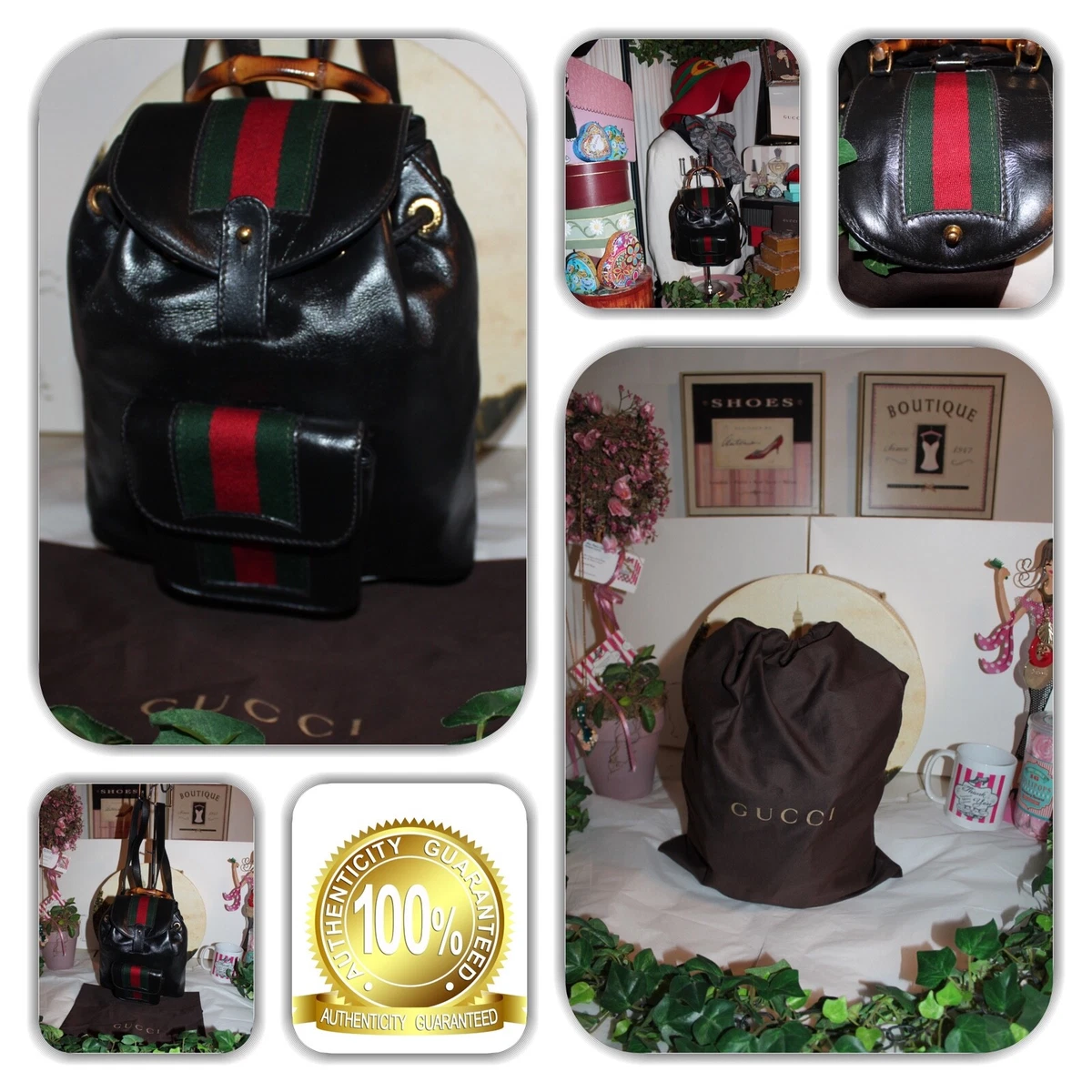 COUTURE GUCCI BLACK BAMBOO GREEN & RED WEB STRIPE MINI BACKPACK!