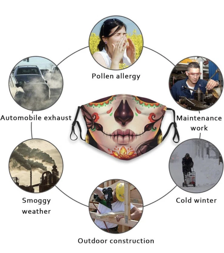 2Pcs Cloth Face Mask, Sugar Skull Masks Washable - Image 2 of 4