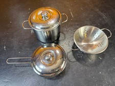 Set 3 Stainless Steel Pots Pans Colander Cookware Lids Toy Pretend Play Quality