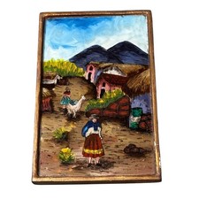 Hand Painted Andean Village Reverse Glass Painting Framed Folk Art Llama Peru