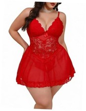 Women Plus Size Babydoll Lingerie Lace Chemise Mesh 4X-Large Red Floral