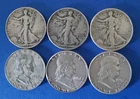 (6) 90% Silver Halves: (3) Walking Libertys, (3) Franklins