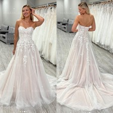 Blush Pink Strapless Wedding Dress A-Line Sweep Train Lace Applique Bridal Gowns