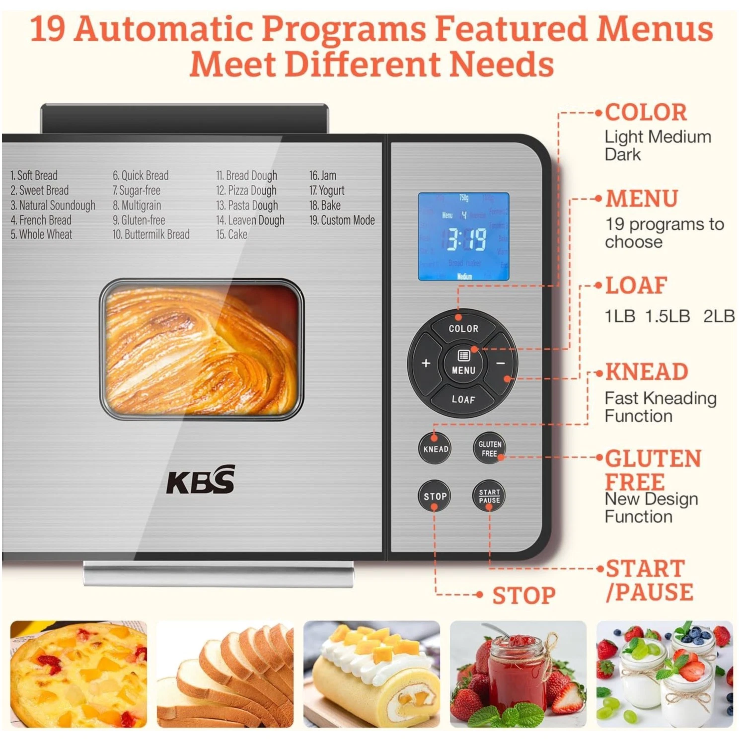 19-in-1 Stainless Steel Bread Maker, 2LB Large Machine