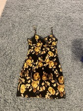 Black Yellow Floral Strappy Slip Mini Dress Sleeveless Short Regular Women