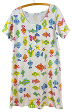 Fresh Produce Womens L White Multicolored Fish Short Sleeve Scoop Neck Sundress