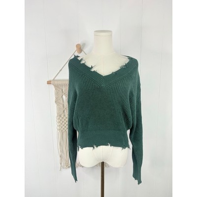Young Fabulous & Broke Green Distressed Cropped V Neck Sweater Small 