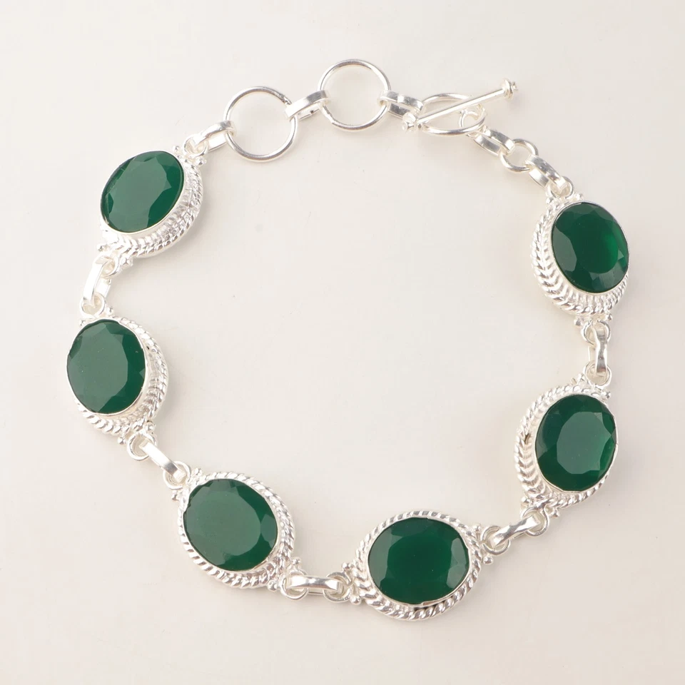 Pulsera hecha a mano ónix verde piedras preciosas naturales pulsera de plata de ley 925 Foto 2 de 4