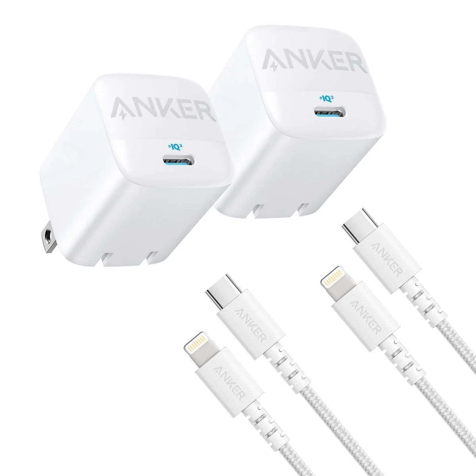 Anker 30W USB C 壁式充电器 +6 英尺 USB-C 转 Lightning 电缆 MFI 认证(2 件装)