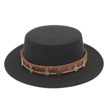 Women Men Boater Sailor Hat Pork Pie Hat Felt Bowler Church Cap Flat Stiff Brim