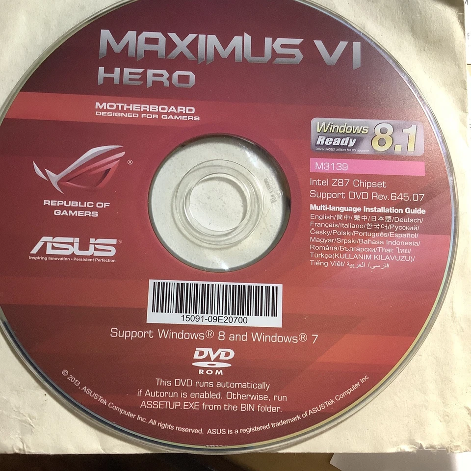 ASUS GENUINE MOTHERBOARD SUPPORT DISK  Maximus VI Hero GENE M3139 -DVD ROM - Image 2 of 2