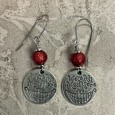 Cheshire Cat Alice in Wonderland Earrings. Silver Tone. Red Beads. Quote. S208