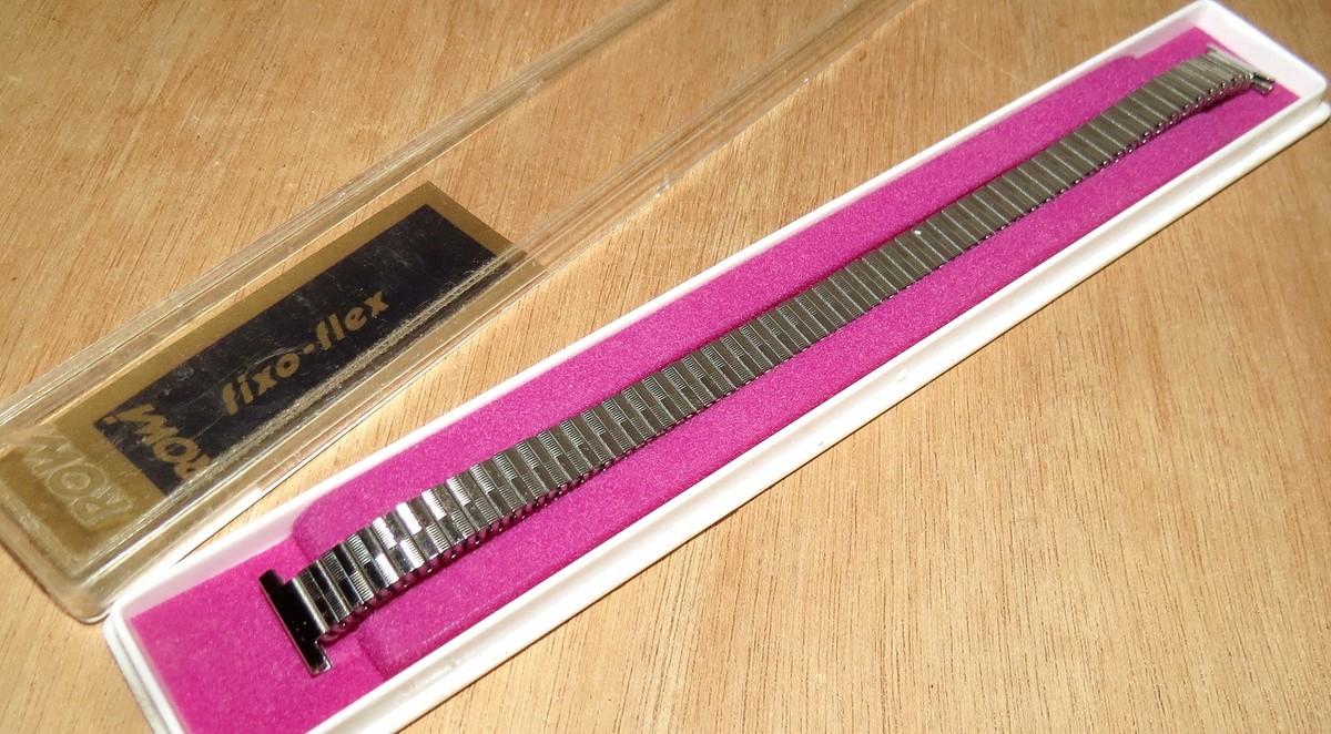 Bracelet De Montre Extensible Rowi Fixoflex - Acier Inoxydable - Fond Rose - Style Années 70 - Neuf