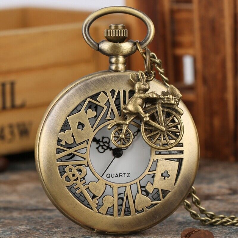 Vintage Hollow Poker Case Quartz Pocket Watch with Arabic Numbers and Chain for Men & Women