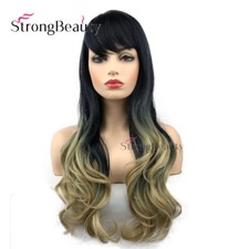 Women Long Wavy Hairstyle Two Tones Safe Heat Lifelike Wig With Bang Party Wigs