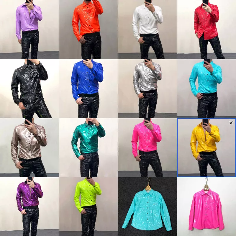 Hommes Brillant Simili Cuir Chemise Longue Haut Manche Chemisier