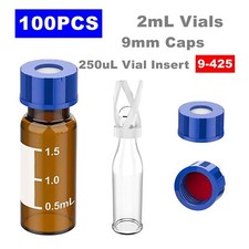 Simpure 100x 2ml Autosampler Amber Glass Vials 9-425 Caps / 250uL Vial Inserts