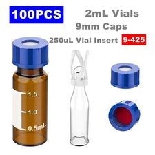Simpure 100x 2ml Autosampler Amber Glass Vials 9-425 Caps / 250uL Vial Inserts