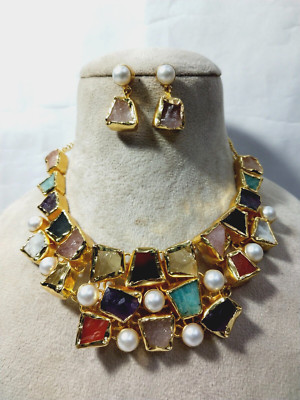 Natural Multi Necklace Pearls With Multi Natural Gemstone Earring long set..