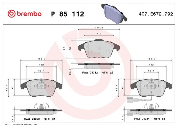 Brembo P 85 112 Bremsbelagsatz, Scheibenbremse FüR Audi Borgward Seat VW-image