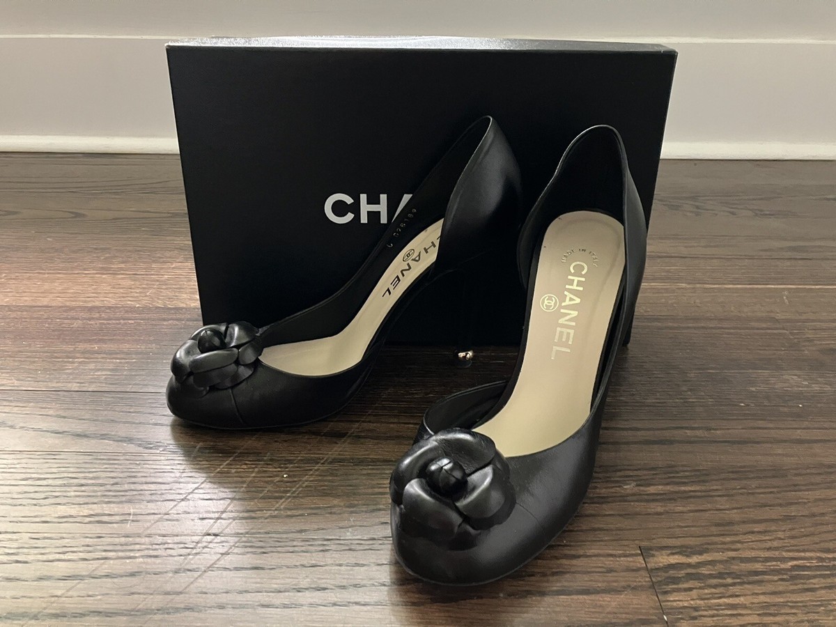 CHANEL BLACK LEATHER CAMELLIA D'ORSAY STILETTO LAMBSKIN PUMP SHOES