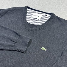 Lacoste Sweater Mens XL Gray Cotton V-Neck Tight-Knit Pullover Logo Lightweight