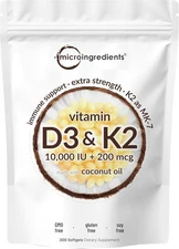 Micro Ingredients Vitamin D3 K2 With Coconut oil,300 Softgels Dietary Supplement