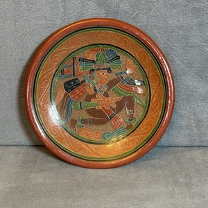 Mayan Mexican Priest Handmade Wall Hanging Plate/Bowl Terracotta 10-1/2" Diam.
