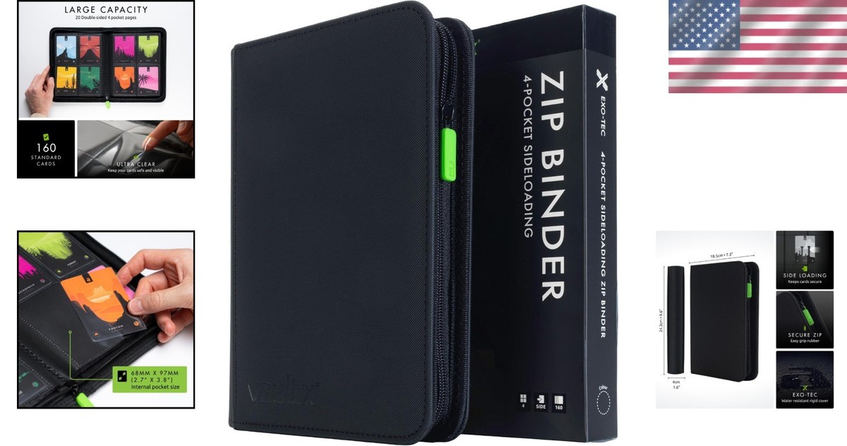 Black 4 Pocket Trading Card Zip Binder 160 Card Storage Album for