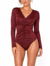 A New Day Ruched V-Neck Long Sleeve Bodysuit - Wine/burgundy stretch SZ MD