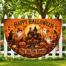 Personalize Haunted House Halloween Fan Flag Banner Ghost Pumpkin Cat Fence Flag