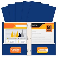 Blue Paper 2 Pocket Folders with Prongs, 50 Pack, Matte Texture, Letter Size ...