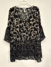 Catherines Womens Tunic Plus 2X Black Scroll Tile Pattern Tie Split Neck Chiffon