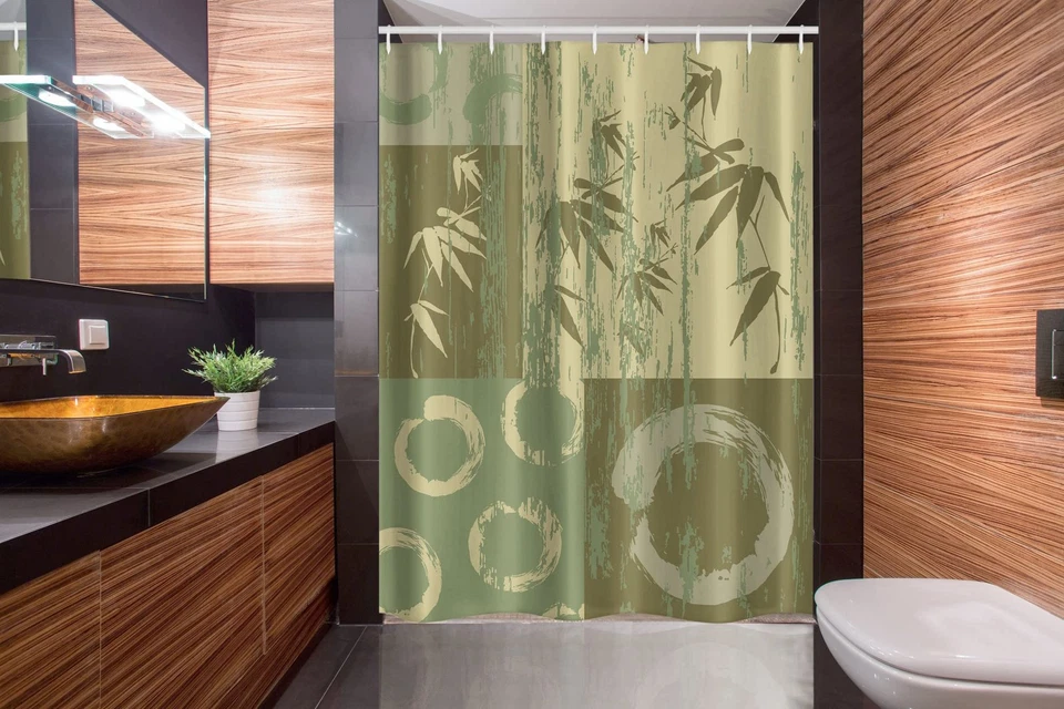 Cortina de ducha de puesto temática asiática, círculo y silueta de rama sobre vintage... Foto 2 de 4