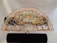 Antique Hand Painted Celluloid Fan Rococo Gilded Cutwork 16cm/30cm c.1900