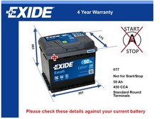 Battery fits HYUNDAI IONIQ AE 1.6 16 to 22 Exide 077 450A 50Ah 4Yr Warranty New