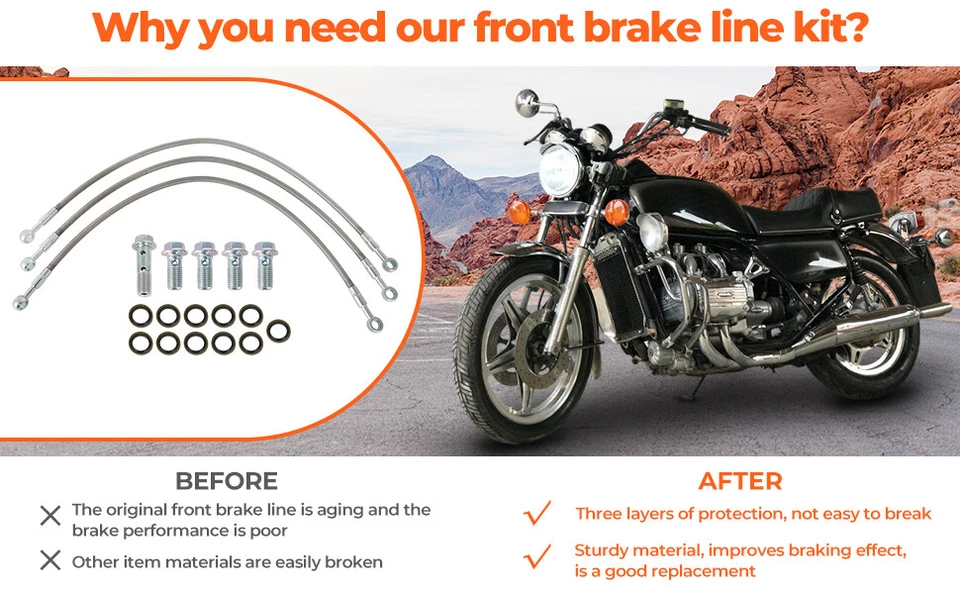 For 1975-1978 Honda GL 1000 GOLDWING BRAIDED STEEL FRONT BRAKE LINE KIT 3 LAYER Foto 4 de 4