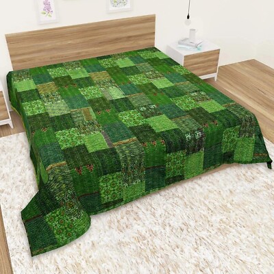 Grün Patchwork Vintage Tagesdecke Handarbeit Hippie Quilt Überwurf Seide TwIn...