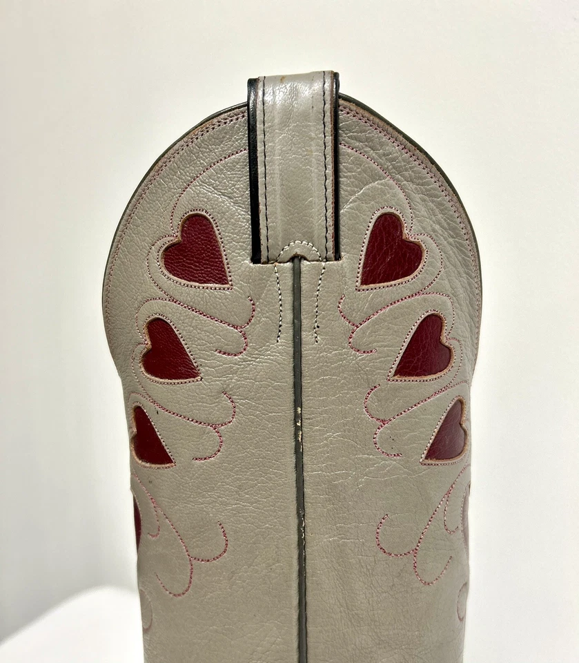 Vtg Gray + Burgundy Red Cowboy Boots with Hearts By Justin Size 5.5 - Image 2 of 4