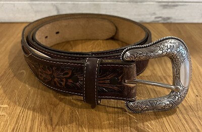 Justin Mens Montana Sky Sand Stone Tooled Leather Belt Size 46 C13715