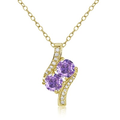 Halskette goldfarben über Silber simulierter Amethyst rund zwei Steine und CZ Akzente