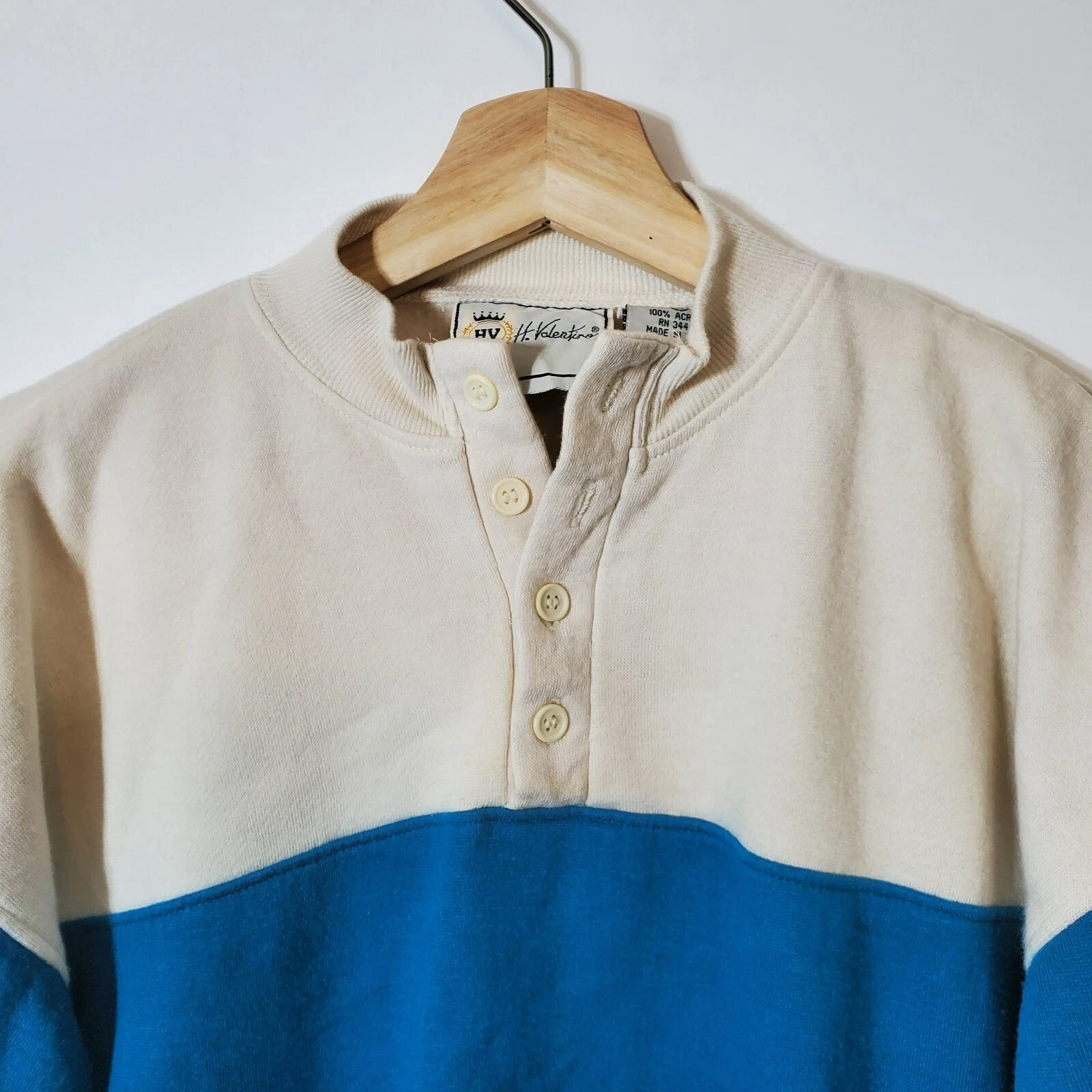 Felpa maglione Henley vintage anni 90 H. Valentino uomo taglia M avorio verde acqua toppa gomito
