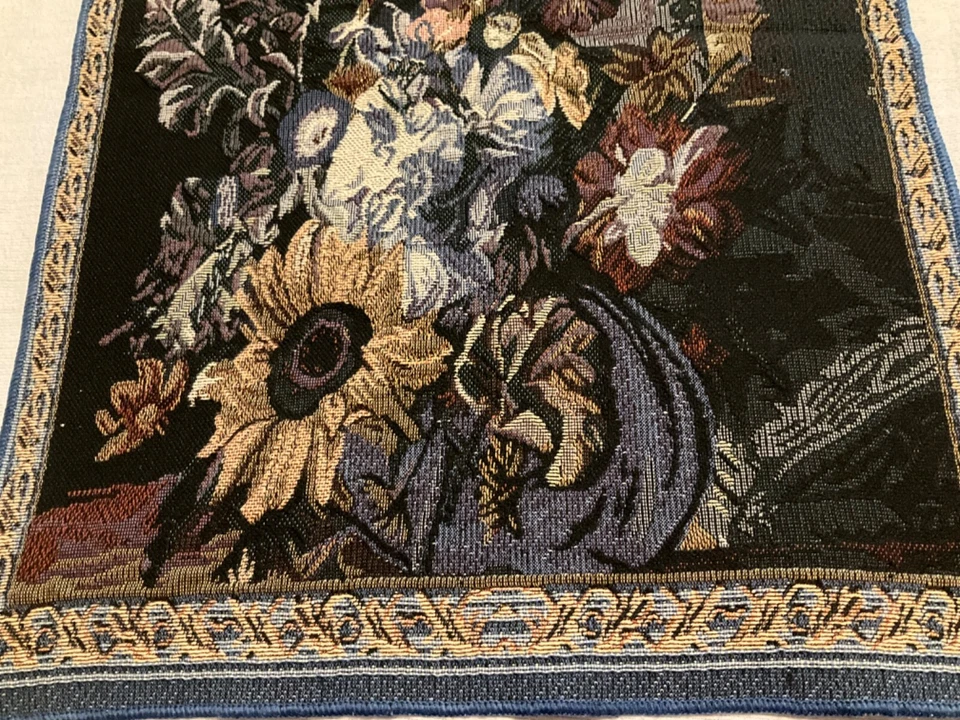 Vintage Tapestry Wall Hanging Flower Art Design Blues 16" x 23.5 - Image 3 of 4