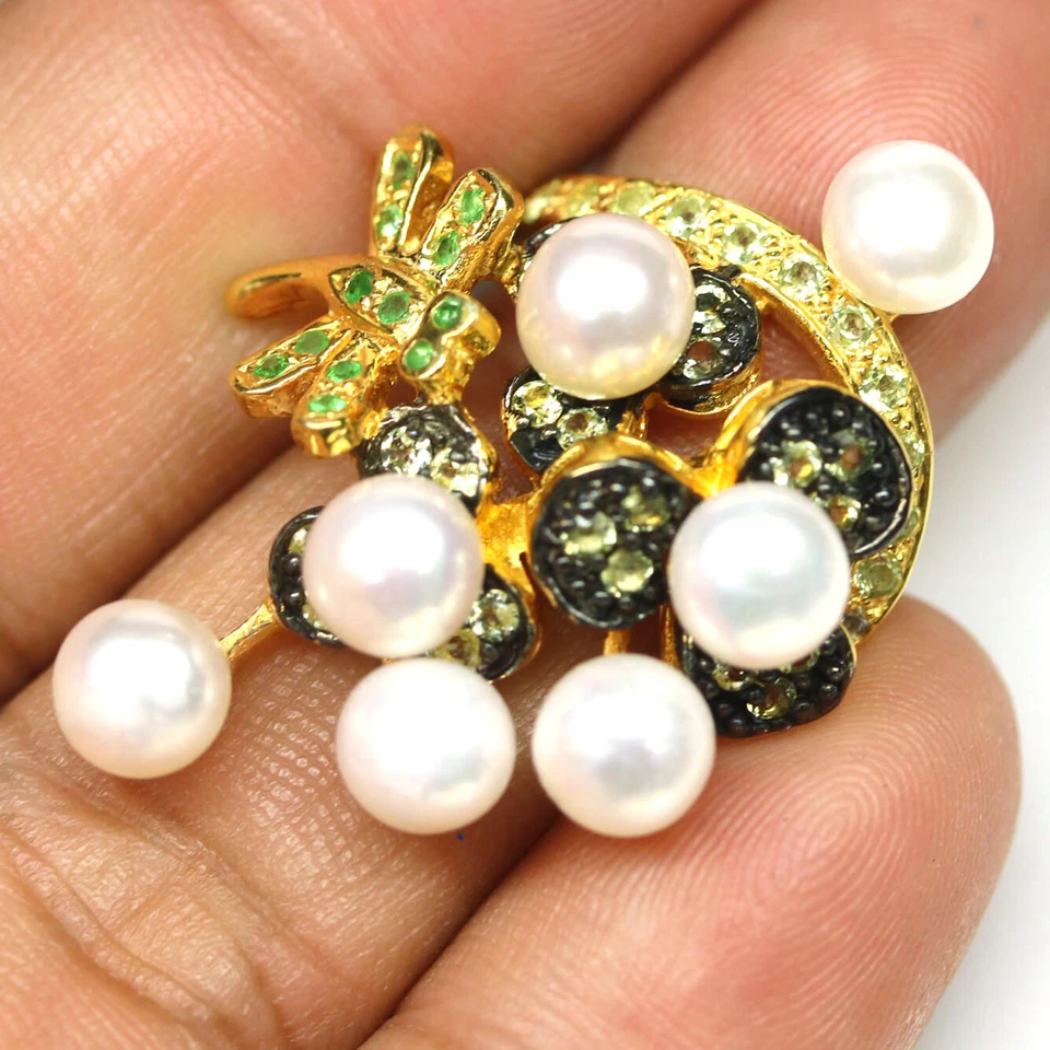 925 Sterling Silver White Pearl, Peridot & Emerald Jewelry Ring Size 3.75 - Image 2 of 4