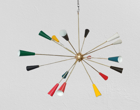 Jahrhundertmitte Messing Sputnik Kronleuchter Licht Einbau Bunt 16 Arme Dekor
