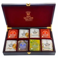 Ceylon Variety Gift Pack 8 Tea Flavors. 64 Enveloped Tea Bags in Wooden Gift Box