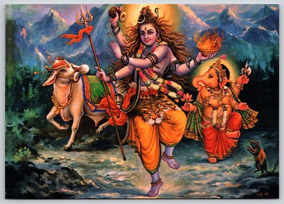 Postcard Shiva & Ganesh Dancing in the Himalayas Hindu God and Goddess Art 2001