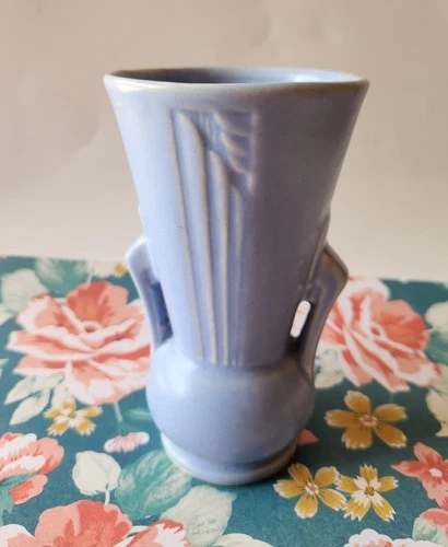 vintage unmarked McCoy? pottery vase 6" tall light blue lovely